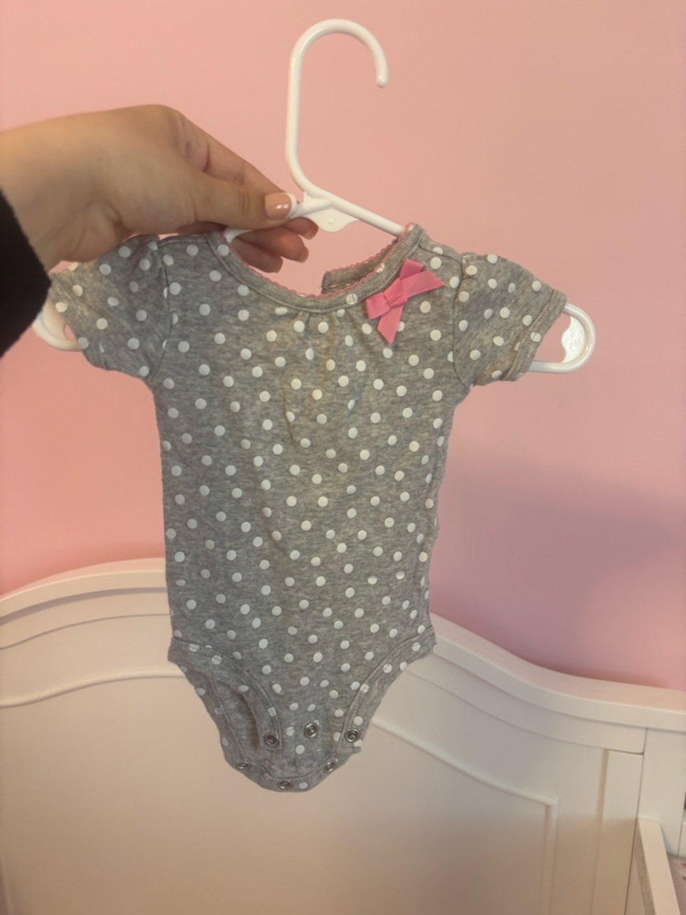 Gray Polka Dot Baby Bodysuit with Pink Bow